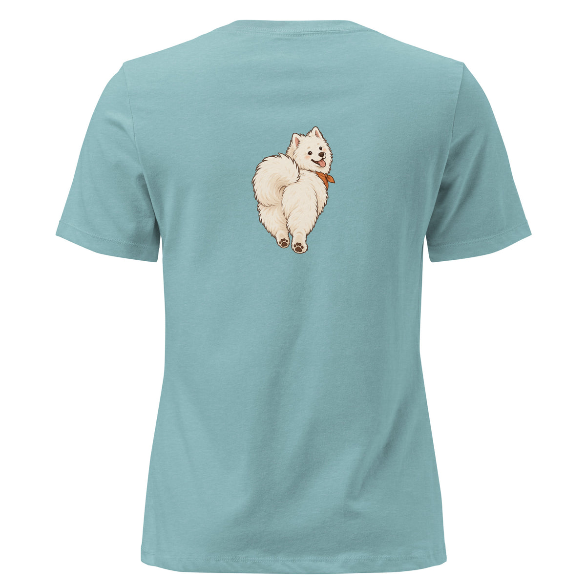 Back view of the white dog women's relaxed graphic t-shirt in heather blue lagoon