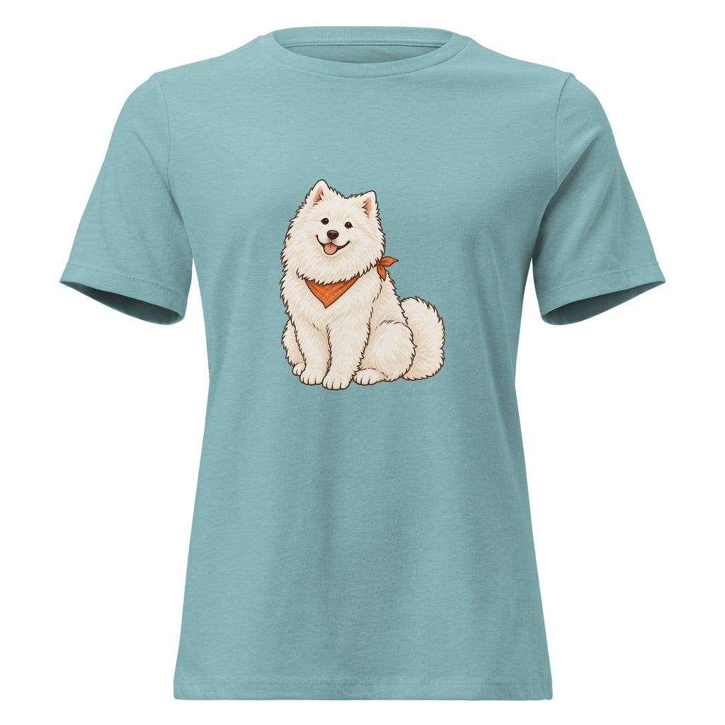 Heather blue lagoon women's T-shirt with a fluffy white dog and orange neckerchief