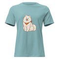 Heather blue lagoon women's T-shirt with a fluffy white dog and orange neckerchief