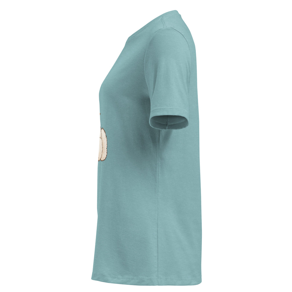 Left-side view of the white dog women's relaxed graphic t-shirt in heather blue lagoon