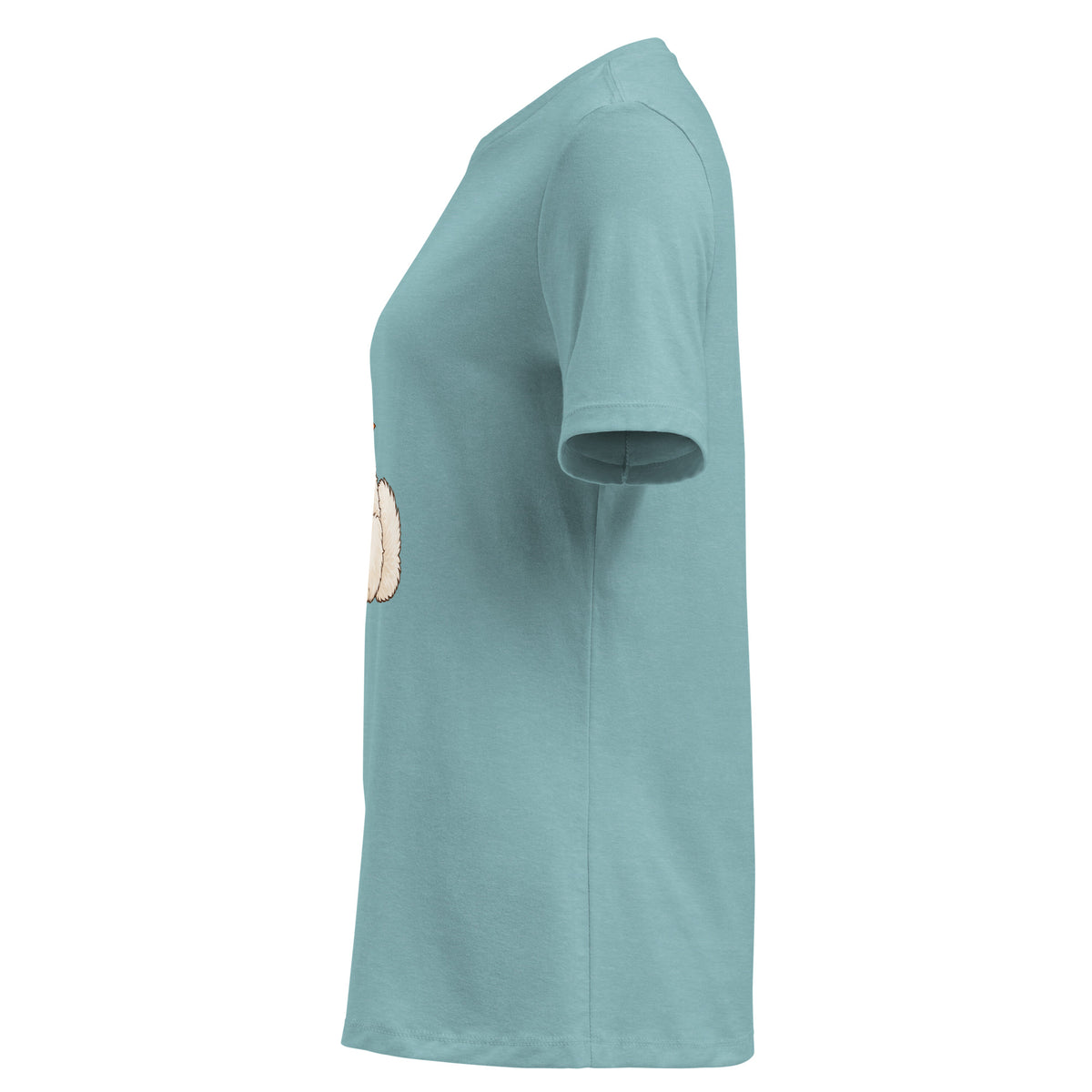 Left-side view of the white dog women's relaxed graphic t-shirt in heather blue lagoon