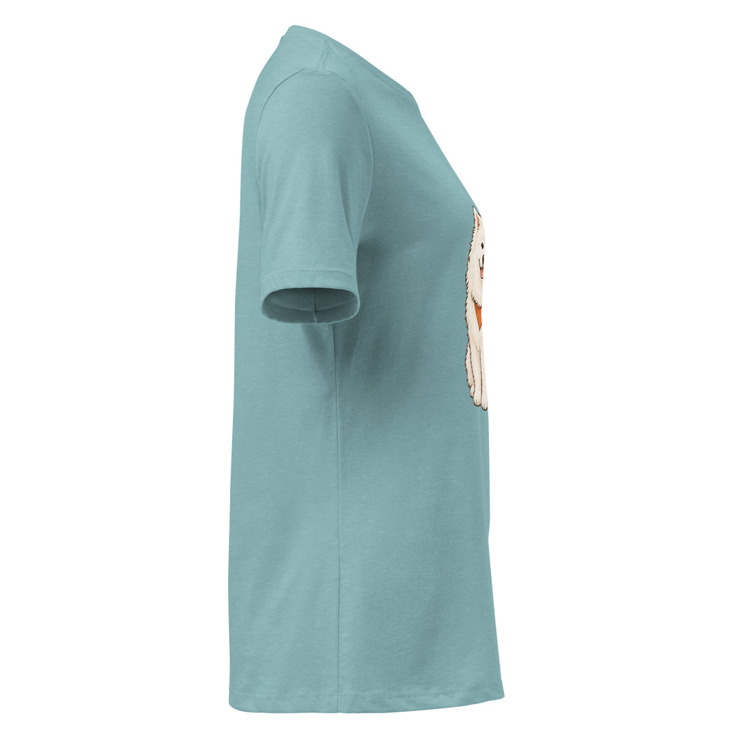 Right-side view of the white dog women's relaxed graphic t-shirt in heather blue lagoon