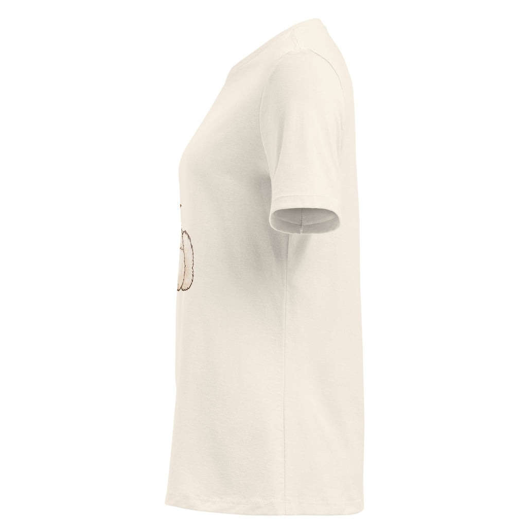 Left-side view of the white dog women's relaxed graphic t-shirt in natural