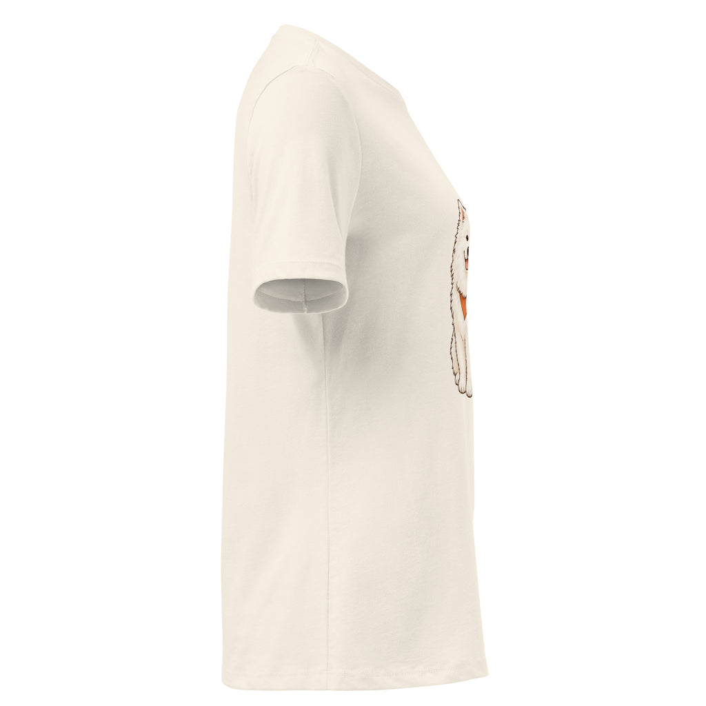 Right-side view of the white dog women's relaxed graphic t-shirt in natural