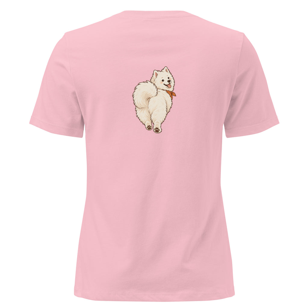 Back view of the white dog women's relaxed graphic t-shirt in pink