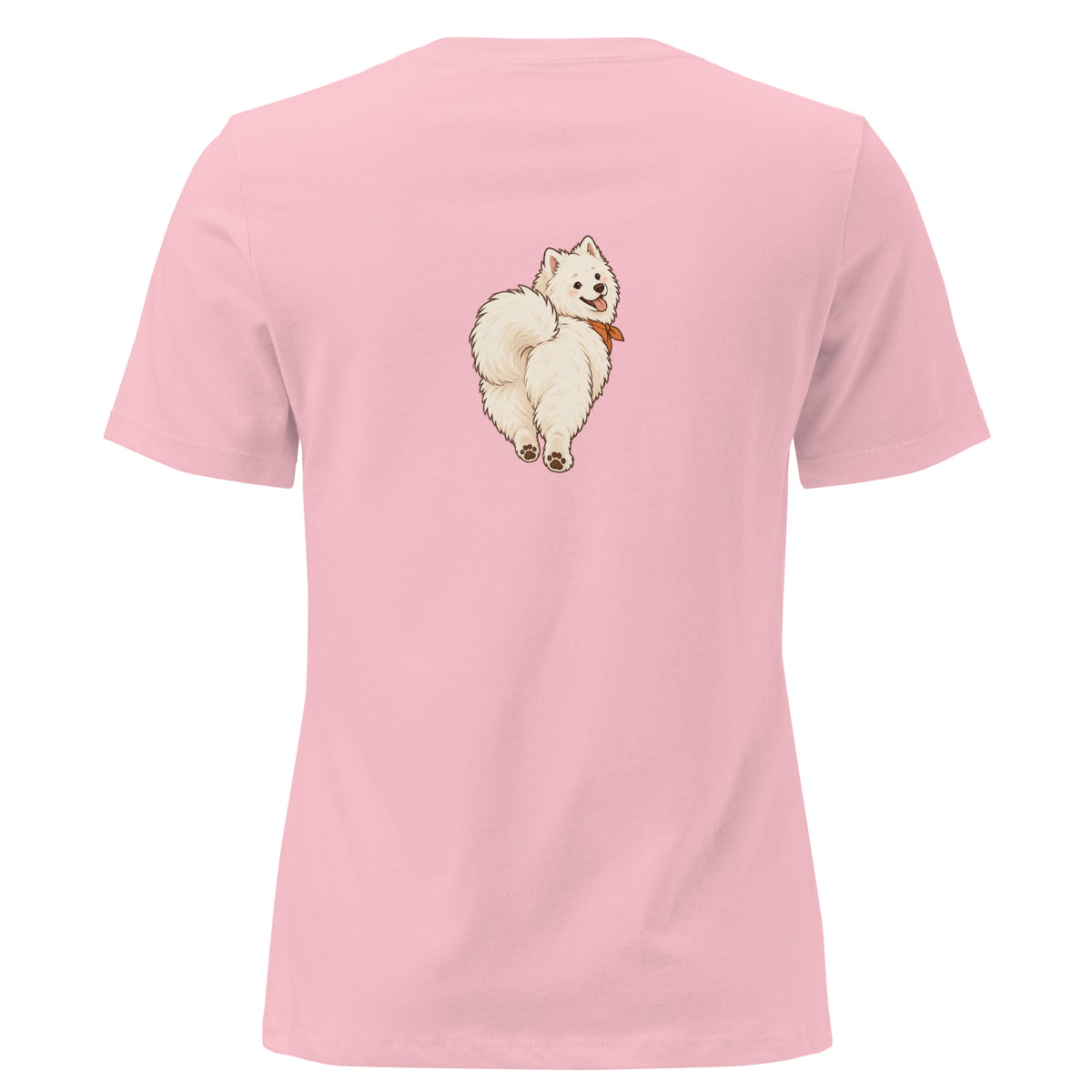 Back view of the white dog women's relaxed graphic t-shirt in pink