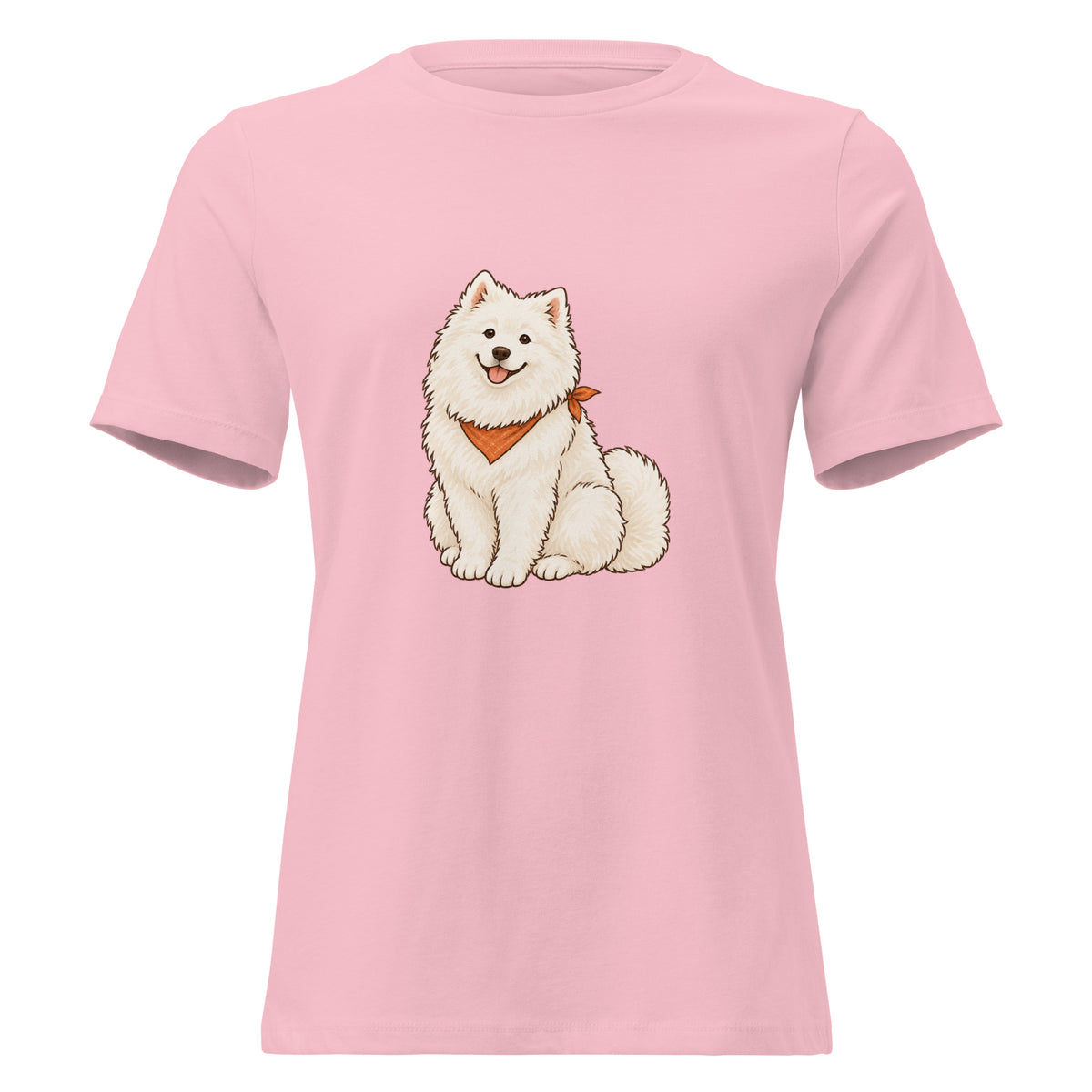 Front view of the white dog women's relaxed graphic t-shirt in pink