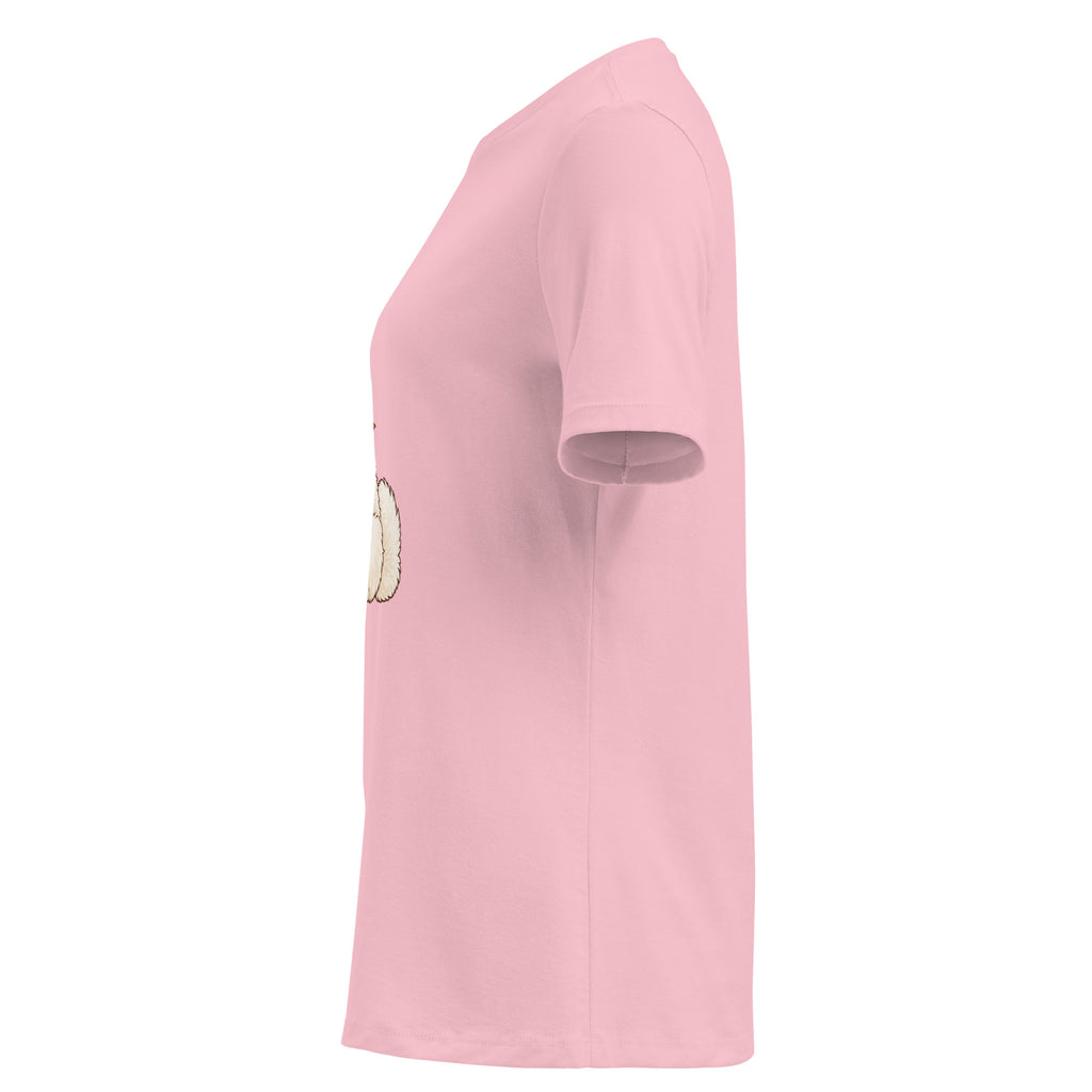Left-side view of the white dog women's relaxed graphic t-shirt in pink