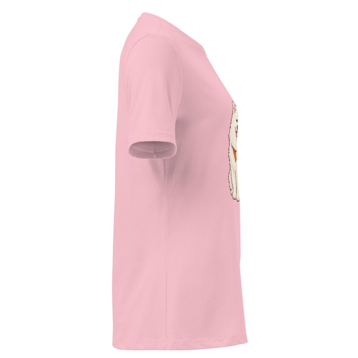 Right-side view of the white dog women's relaxed graphic t-shirt in pink