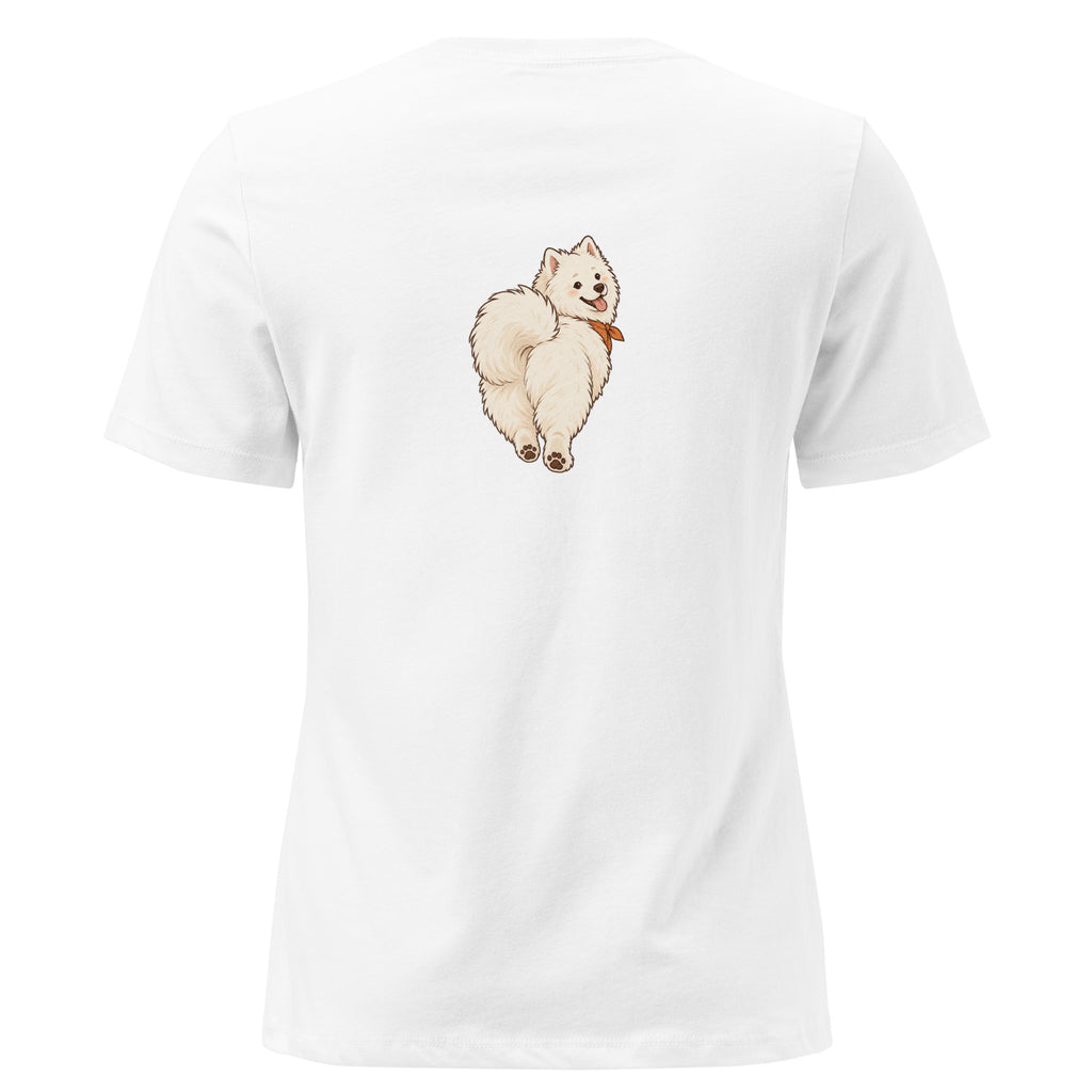 Back view of the white dog women's relaxed graphic t-shirt in white
