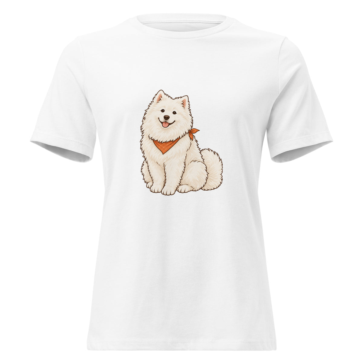 Front view of the white dog women's relaxed graphic t-shirt in white