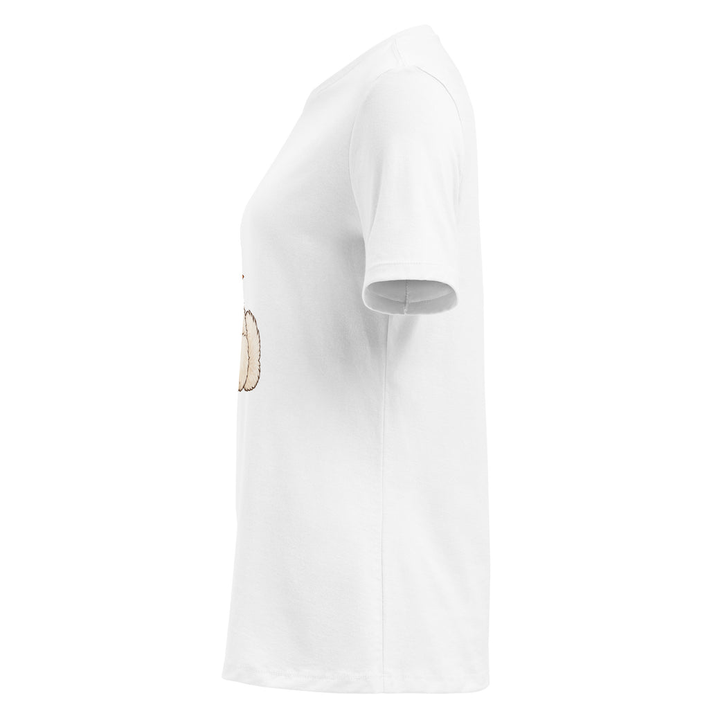 Left-side view of the white dog women's relaxed graphic t-shirt in white