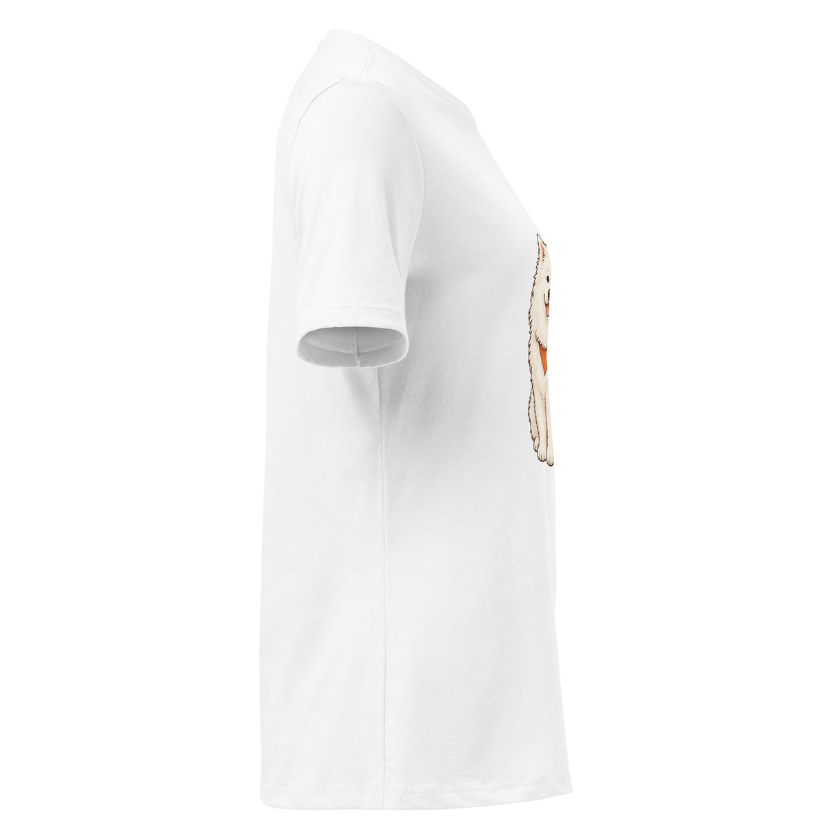 Right-side view of the white dog women's relaxed graphic t-shirt in white