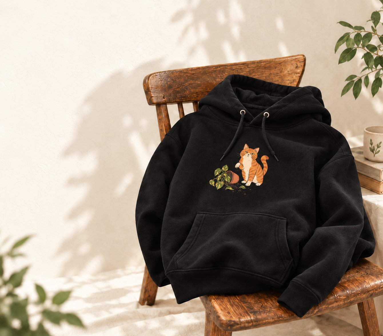 Hoodie mit Illustration einer orange getigerten Katze und einer Zimmerpflanze